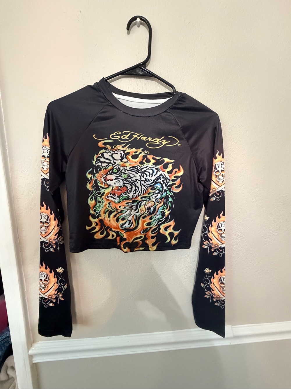 Ed Hardy Black Long Sleeve Crop Top with Tiger and Flame Graphic